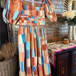 Peach Love California Multicolor Patchwork Maxi Dress in Orange, Blue, Cream